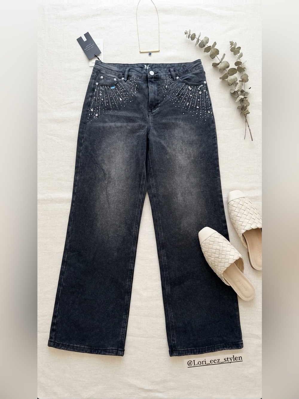 Black Wide-Leg Embellished Jeans for Women